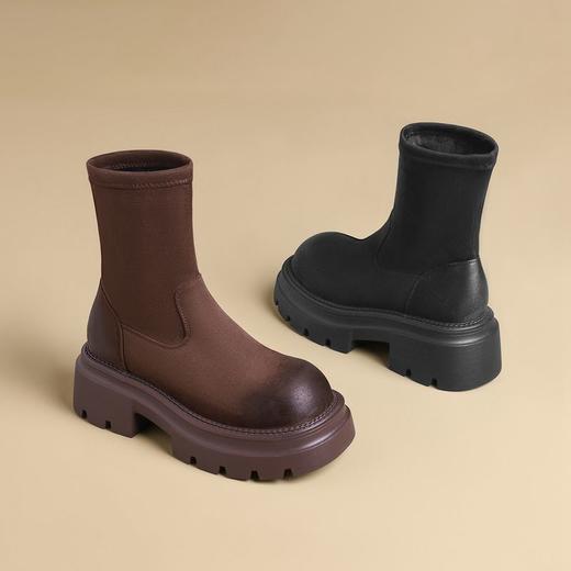 ZHR粗跟短靴女鞋冬季薄绒咖色袜靴2024新款保暖弹力瘦瘦靴马丁靴 商品图9