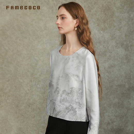 Famecoco范可儿圆领套头上衣国风山水印花锻感上衣FAC6BE002 商品图2