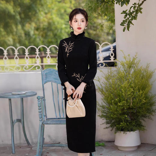 欧棉绒刺绣复合超柔，加绒加厚绣花修身旗袍SJT718 商品图2
