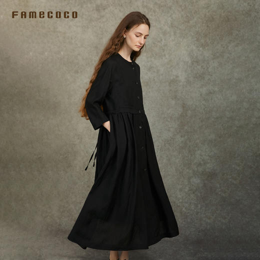 Famecoco范可儿天丝棉圆领长袖连衣裙文艺通勤长裙FAC6FA003 商品图2