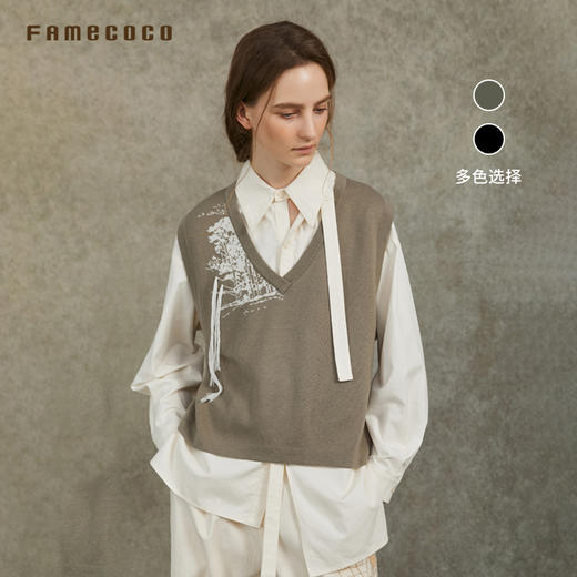 Famecoco范可儿山水刺绣马甲宽松V领针织马夹叠穿FAC6CA014 商品图0