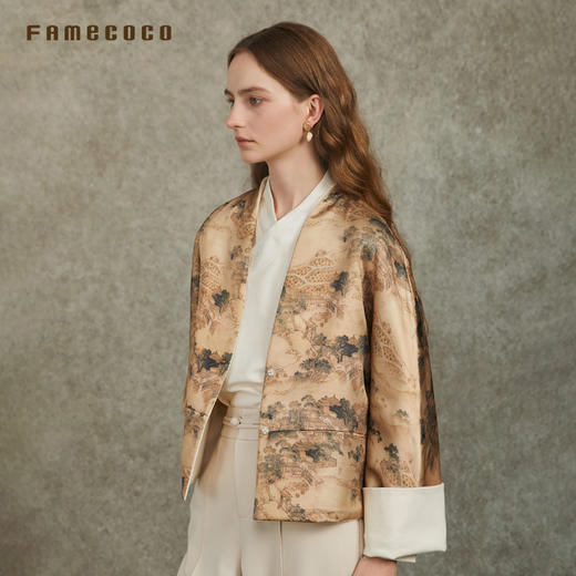 Famecoco范可儿双面穿国风短外套深V领宽松中式上衣FAC6AB005 商品图1