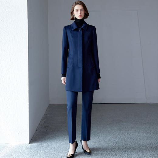 IWY/藏青色羊毛大衣女双面毛呢外套秋冬物业工服ND9020 商品图4