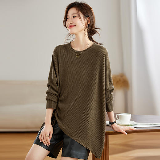 CC-JDS-8873秋装长袖t恤女2024春秋新款不规则抽绳蝙蝠袖针织衫慵懒宽松毛衣 商品图0