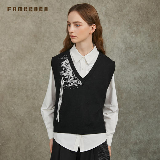 Famecoco范可儿山水刺绣马甲宽松V领针织马夹叠穿FAC6CA014 商品图3