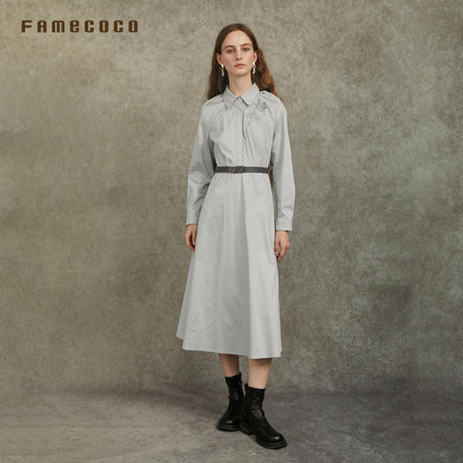 Famecoco范可儿优雅收腰衬衫连衣裙定制印花收腰长裙FAC6FA007 商品图3