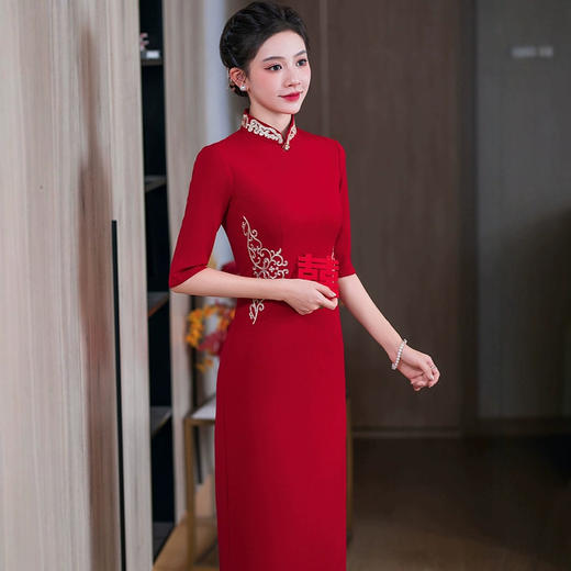 高端喜婆婆红色年轻刺绣亮丝敬酒结婚新中式妈妈婚宴装婚旗袍HQ349 商品图1