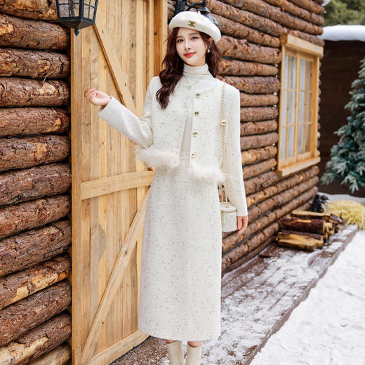 时尚休闲套装秋冬新款小香风下摆鸵鸟毛短外套半裙两件套HR-YJ1338 商品图2