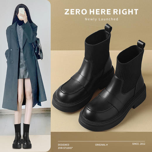 ZHR则则洋气瘦瘦靴法式复古短靴2024新款气质百搭弹力靴厚底女靴 商品图0