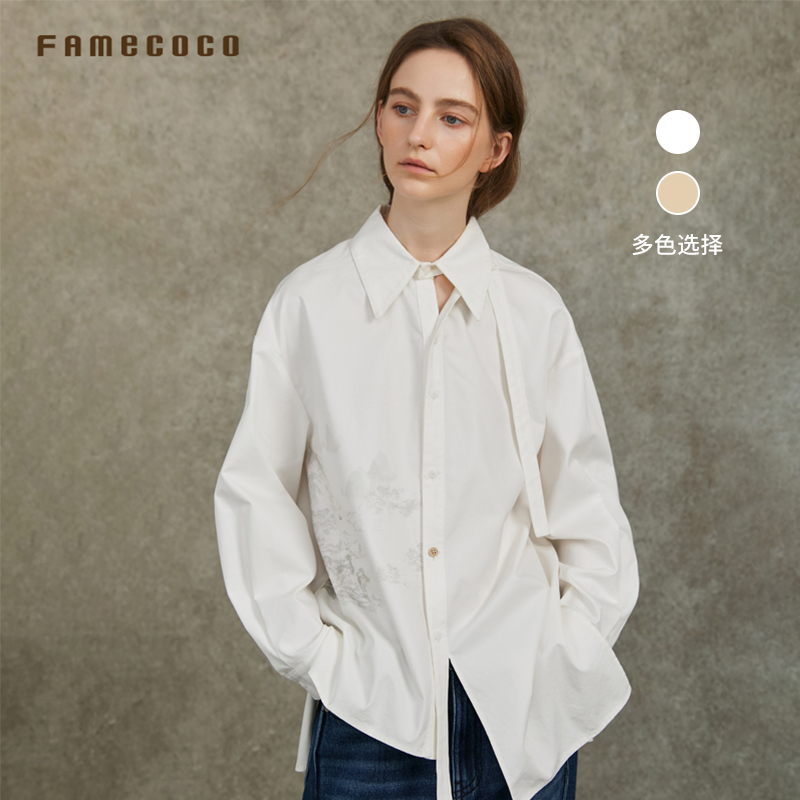 Famecoco范可儿国风山水印花衬衫设计感飘带宽松衬衣FAC6BH002