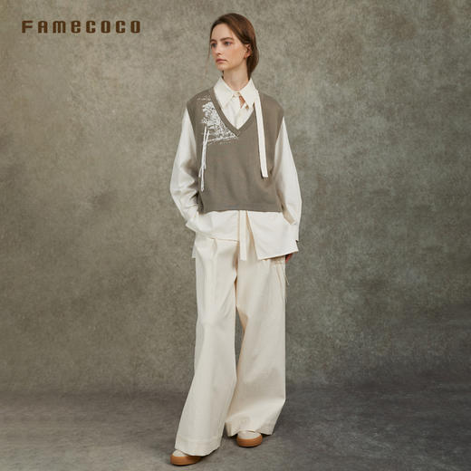 Famecoco范可儿山水刺绣马甲宽松V领针织马夹叠穿FAC6CA014 商品图2