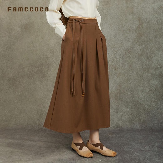 Famecoco范可儿高级锻感拼接半身裙中式简约A字长裙FAC6HA010 商品图1