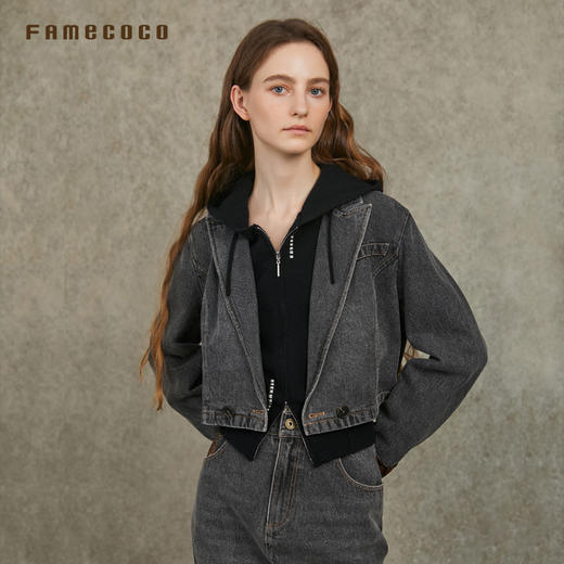 Famecoco范可儿复古牛仔套装V领短外套A字裙两件套FAC6EA003 商品图2