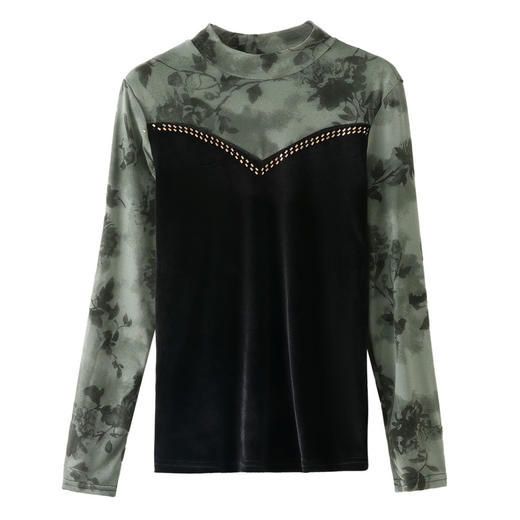 雀说印花水溶针织拼接丝绒打底衫新款时尚洋气半高领减龄上衣AL299 商品图4