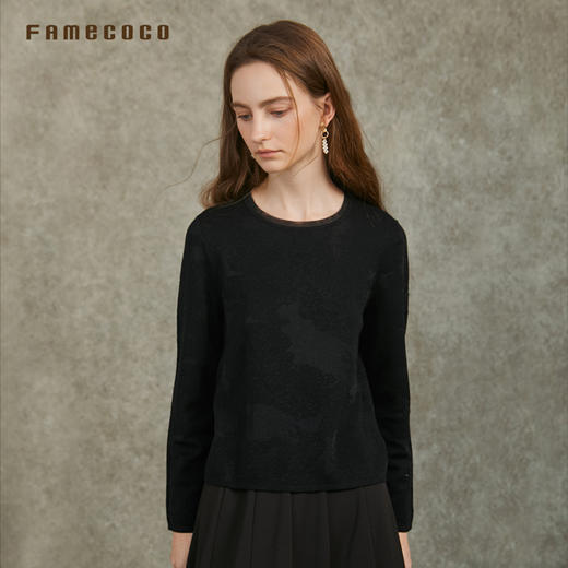 Famecoco范可儿百搭圆领针织打底衫优雅欧根纱拼接FAC6DB006 商品图3
