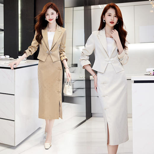 优雅修身，新中式风改良版旗袍轻熟风盐系设计感复古气质盘扣套装HR-SSQJRA688 商品图6