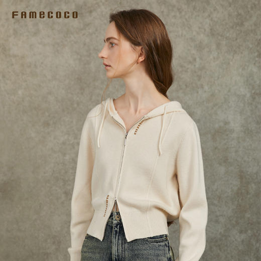 Famecoco范可儿连帽羊毛针织开衫 休闲百搭显瘦上衣FAC6DE009 商品图1