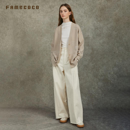 Famecoco范可儿洗水棉休闲直筒裤时髦毛边宽松长裤FAC6GA001 商品图4