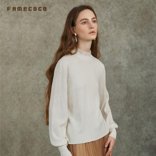 Famecoco范可儿泡泡袖羊毛针织衫欧根纱拼接圆领毛衫FAC6DC003 商品图1