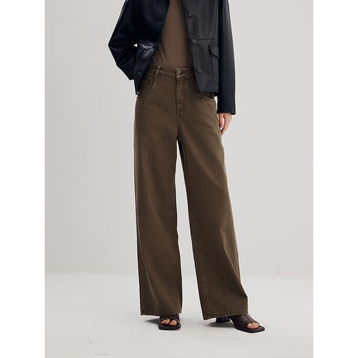 棉仓356619004-高腰复古美拉德色系重工成衣水洗陶土色阔腿牛仔裤 商品图0