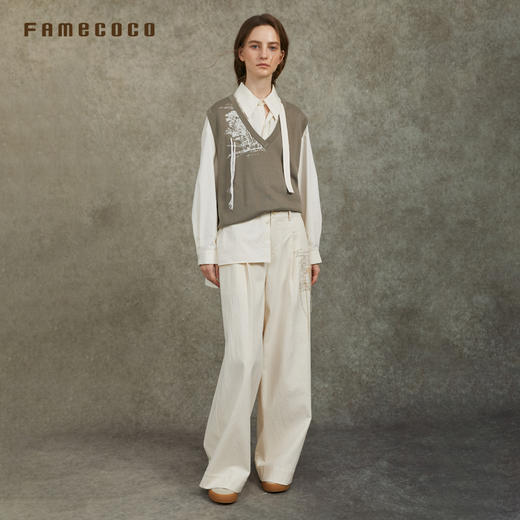 Famecoco范可儿天丝棉宽松阔腿裤立体绣花肌理感长裤FAC6GA015 商品图4