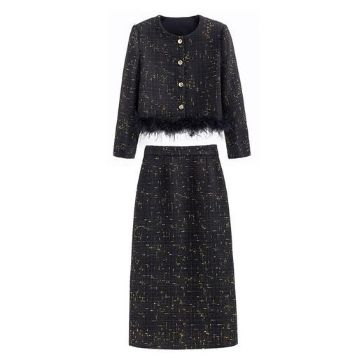 时尚休闲套装秋冬新款小香风下摆鸵鸟毛短外套半裙两件套HR-YJ1338 商品图4