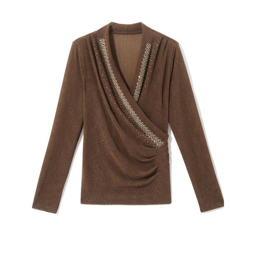 雀说亮丝网纱烫钻打底衫新款时尚洋气百搭交叉V领长袖小衫AL2827 商品图3