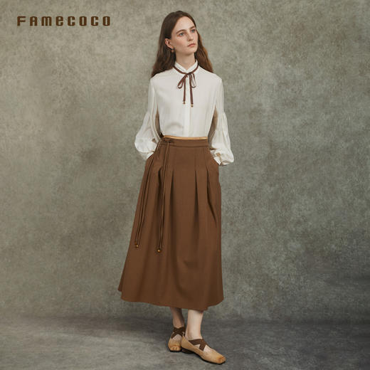 Famecoco范可儿高级锻感拼接半身裙中式简约A字长裙FAC6HA010 商品图2