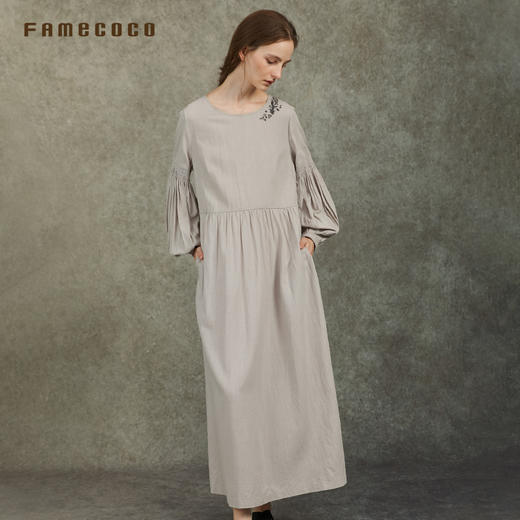 Famecoco范可儿炒色天丝复古连衣裙文艺范设计感显瘦FAC6FA012 商品图1
