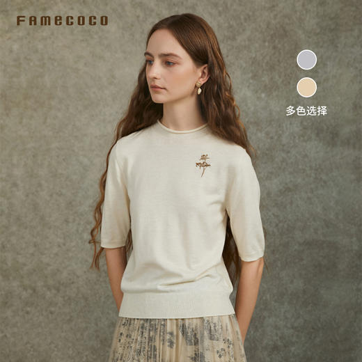 Famecoco范可儿圆领套头毛衫植物刺绣五分袖针织衫FAC6DC005 商品图0