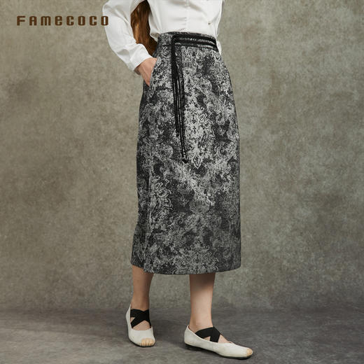Famecoco范可儿复古提花直筒半身裙新中式腰带拼接FAC6HB001 商品图1