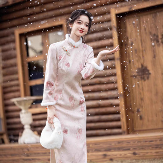 冬款雪尼尔复合超柔加绒加厚粉色少女旗袍SJT711 商品图0