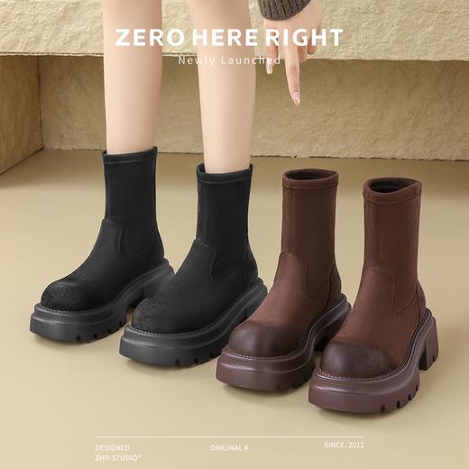 ZHR粗跟短靴女鞋冬季薄绒咖色袜靴2024新款保暖弹力瘦瘦靴马丁靴 商品图2