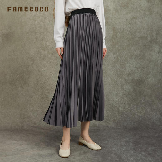 Famecoco范可儿压褶优雅半裙简约文艺长款A字裙FAC6HA001 商品图3