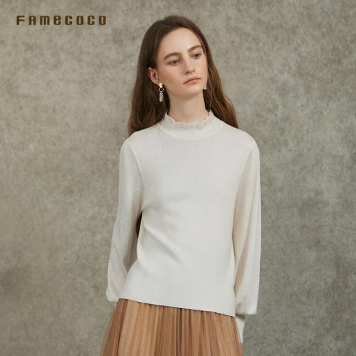 Famecoco范可儿泡泡袖羊毛针织衫欧根纱拼接圆领毛衫FAC6DC003 商品图2
