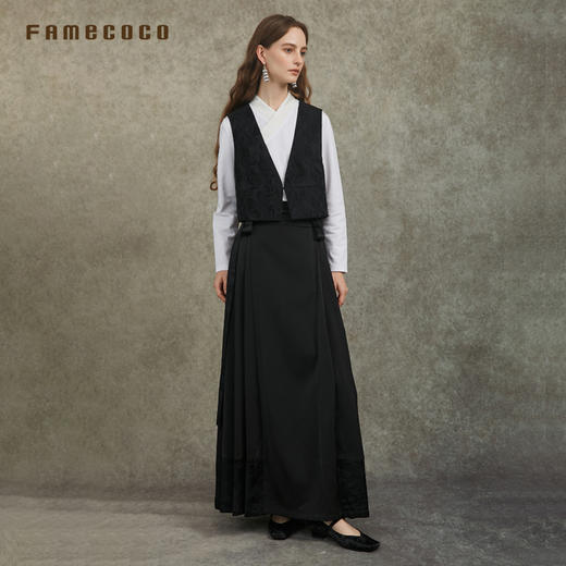 Famecoco范可儿V领短款棉麻马甲新中式文艺立体提花FAC6CA001 商品图4