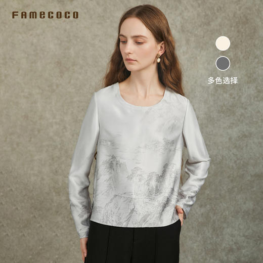 Famecoco范可儿圆领套头上衣国风山水印花锻感上衣FAC6BE002 商品图0