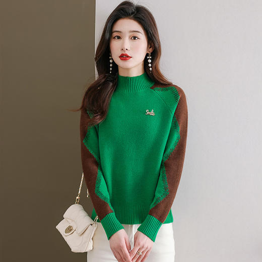 CC-101-90925半高领拼色羊毛毛衣女秋冬新款厚款慵懒风宽松时尚洋气针织上衣 商品图2