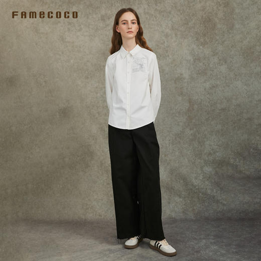 Famecoco范可儿长袖棉胺衬衫基础百搭刺绣气质衬衣FAC6BH003 商品图2