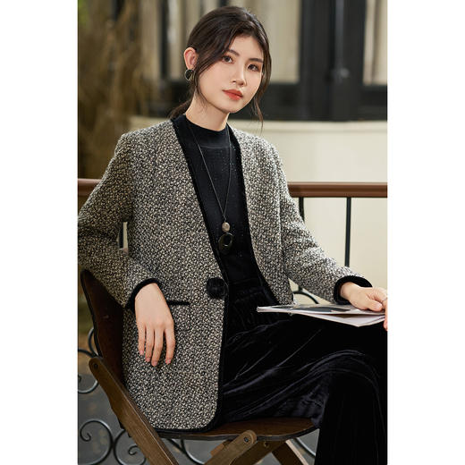 【轻奢羊毛混纺小香风外套】米思阳2025冬季时尚优雅通勤休闲名媛小香风立体花外套3430 商品图0