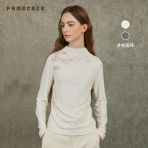 Famecoco范可儿小高领国风水墨印花套头羊毛打底衫FAC6BB003 商品图0