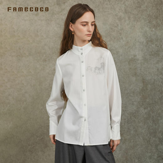 Famecoco范可儿天丝棉简约长袖衬衫高级国风山水印花FAC6BA007 商品图3