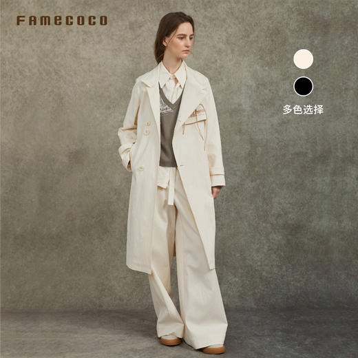 Famecoco范可儿长款直筒风衣外套半高领刺绣通勤外套FAC6AT008 商品图1