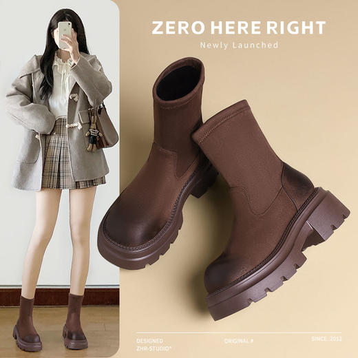 ZHR粗跟短靴女鞋冬季薄绒咖色袜靴2024新款保暖弹力瘦瘦靴马丁靴 商品图0