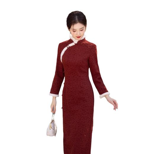 冬款提花加绒长款旗袍酒红色订婚礼服SJT720 商品图4