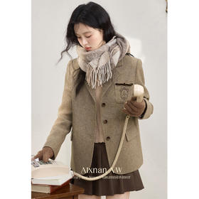 鹿向南「日落巴黎」学院风卡其色短款西装毛呢外套女秋冬新款上衣