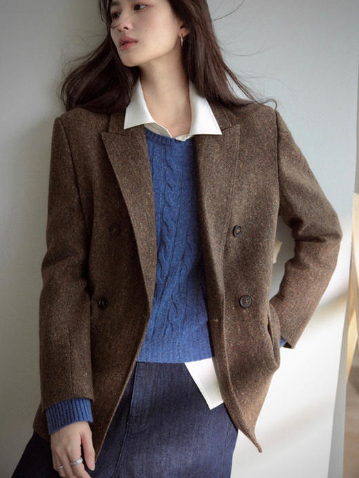Even Vintage|复古腔调 品质绵羊毛花呢宽肩廓形氛围感西装外套女 商品图3