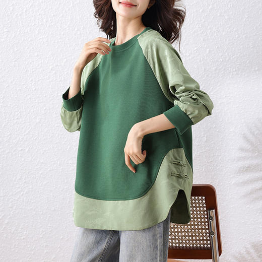 雀说新中式提花卫衣新款圆领拼接宽松休闲不规则上衣AL9912 商品图2