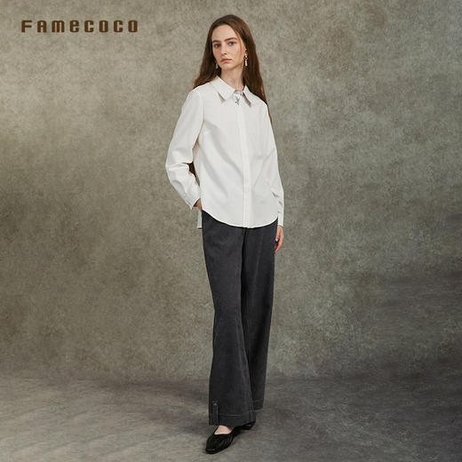 Famecoco范可儿正肩长袖衬衣气质通勤领口植物刺绣FAC6BH010 商品图2