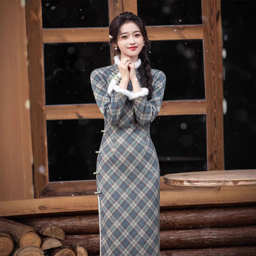 格纹云岚绒复合超柔，加毛加厚素雅修身旗袍SJT713 商品图3